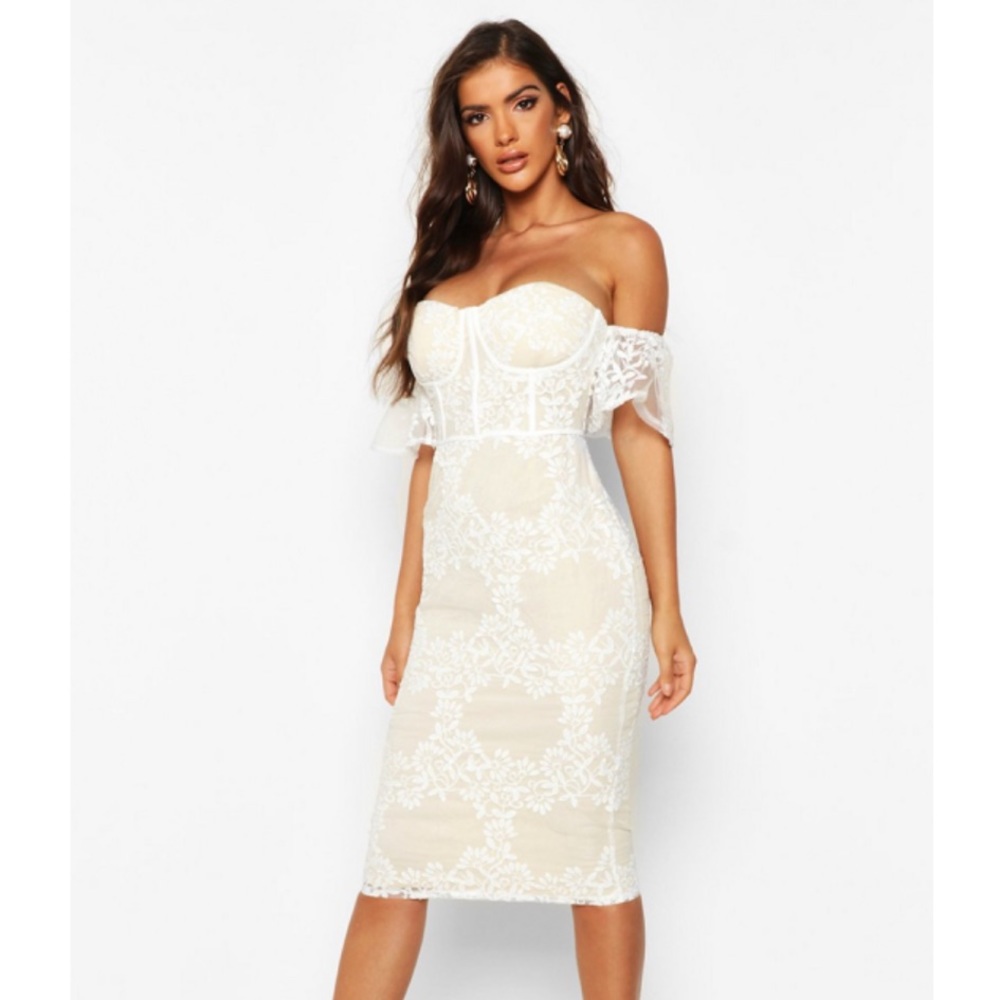 Embroidered Off Shoulder Midi Dress